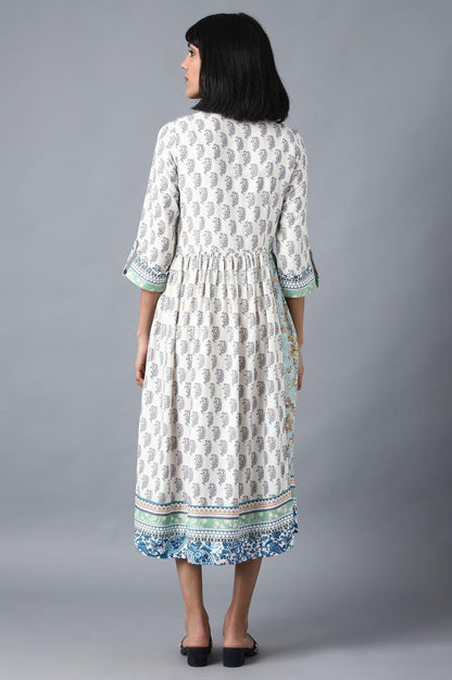 Ecru Printed Gathered Dress - wforwoman