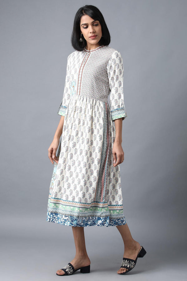 Ecru Printed Gathered Dress