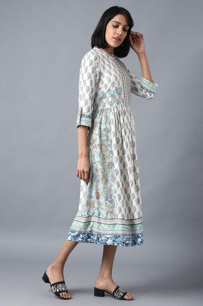 Ecru Printed Gathered Dress - wforwoman