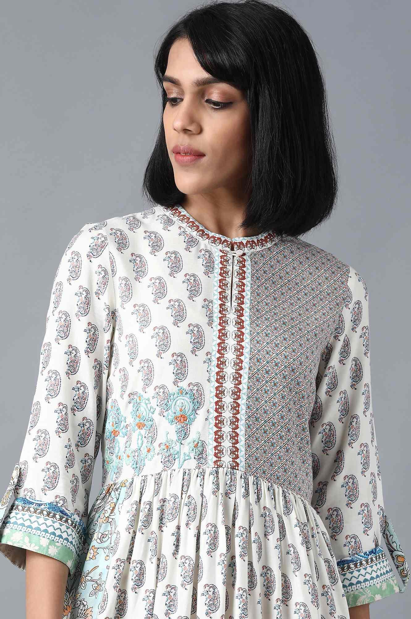 Ecru Printed Gathered Dress - wforwoman