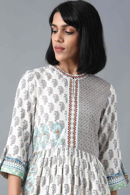 Ecru Printed Gathered Dress - wforwoman