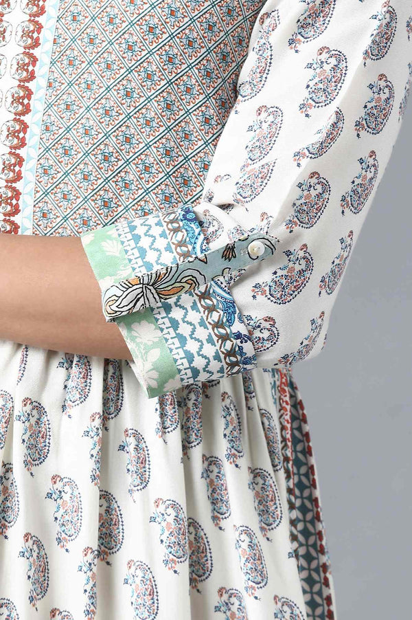 Ecru Printed Gathered Dress