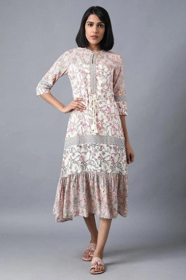 Pink Mandarin Neck Printed Dress