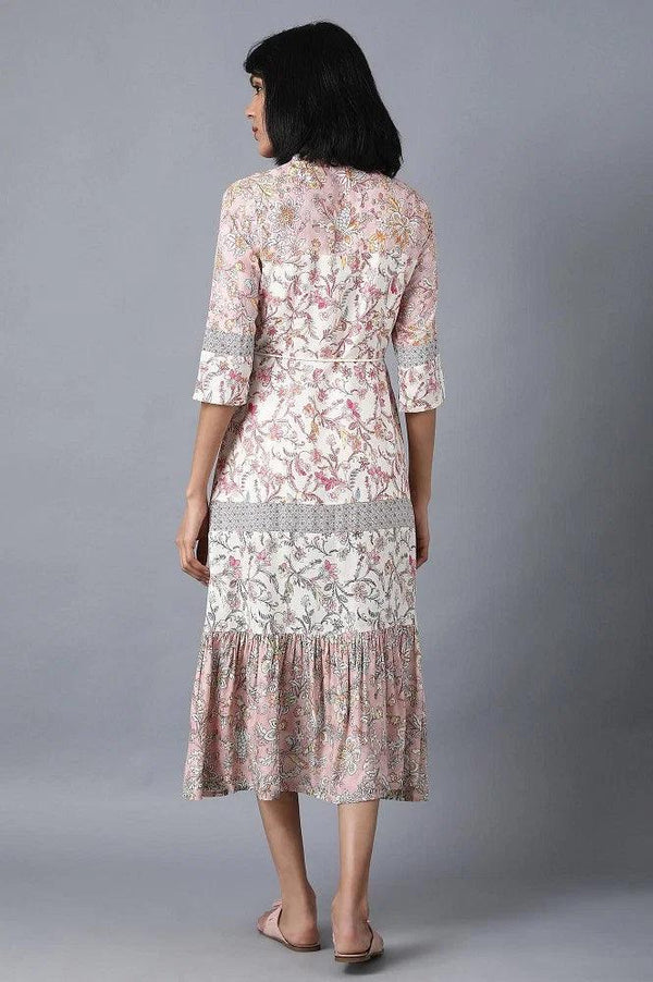 Pink Mandarin Neck Printed Dress