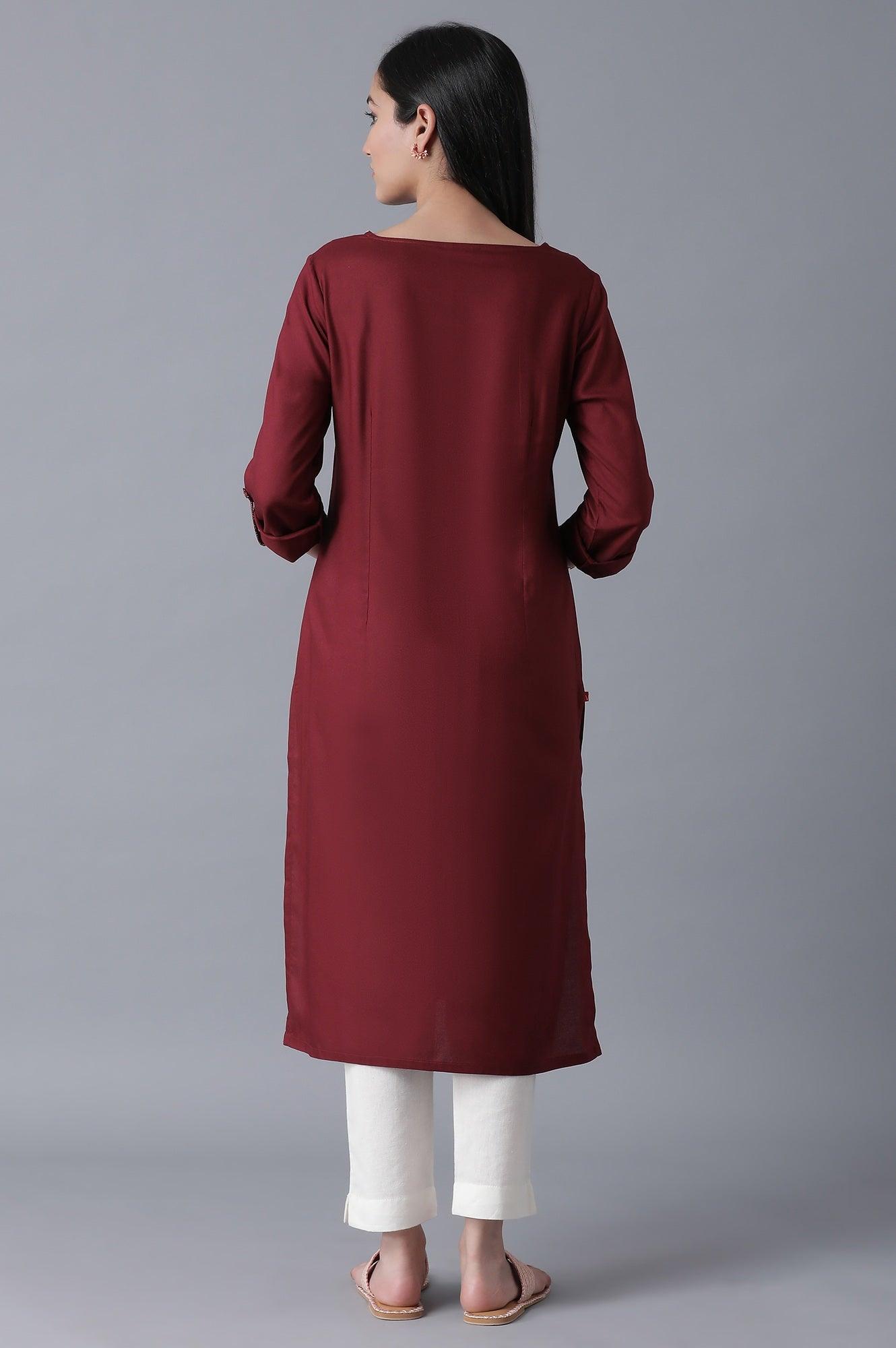 Maroon Embroidered straight kurta - wforwoman