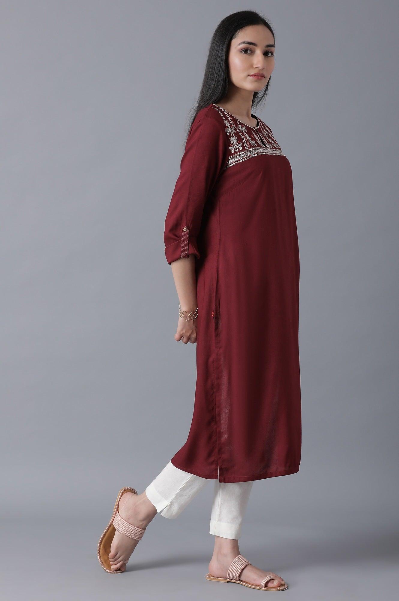 Maroon Embroidered straight kurta - wforwoman