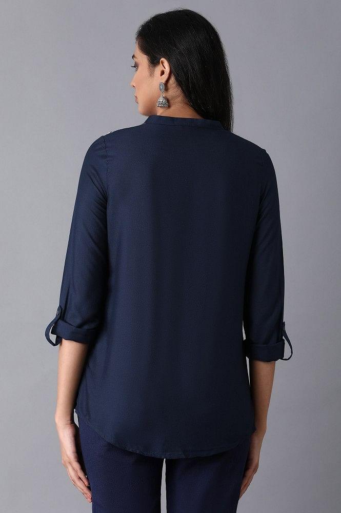 Navy Blue Printed Shirt Top - wforwoman