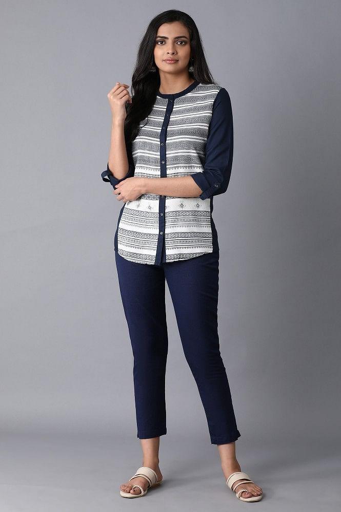 Navy Blue Printed Shirt Top - wforwoman