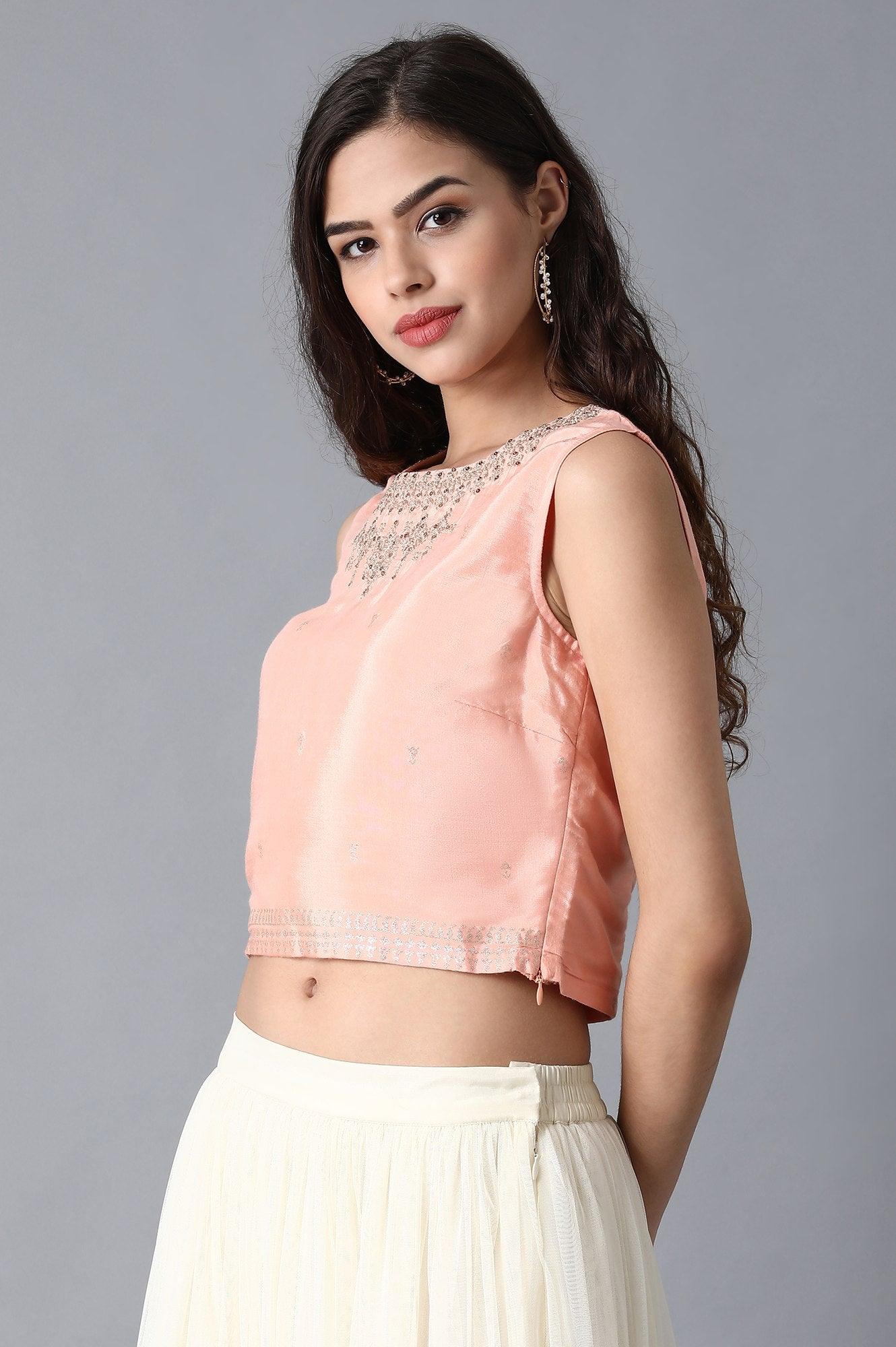 Peach Round Neck Crop Top - wforwoman