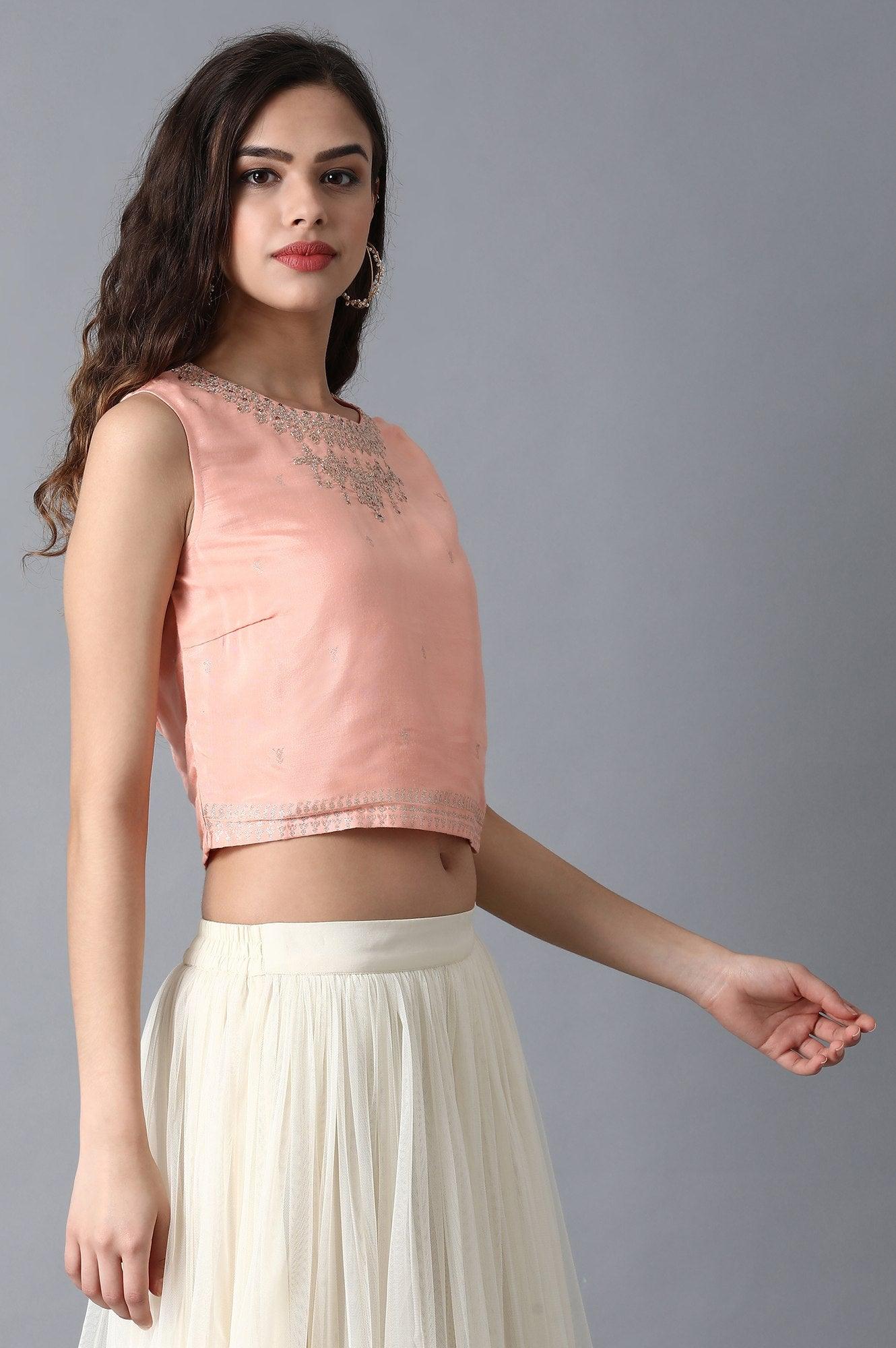 Peach Round Neck Crop Top - wforwoman