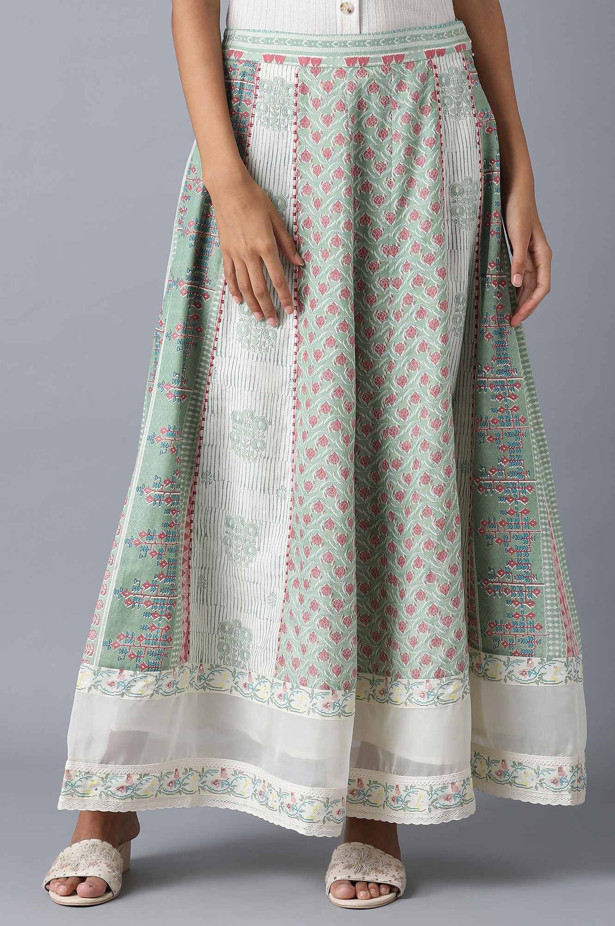 Pastel Green Print Mix Panelled Skirt - S