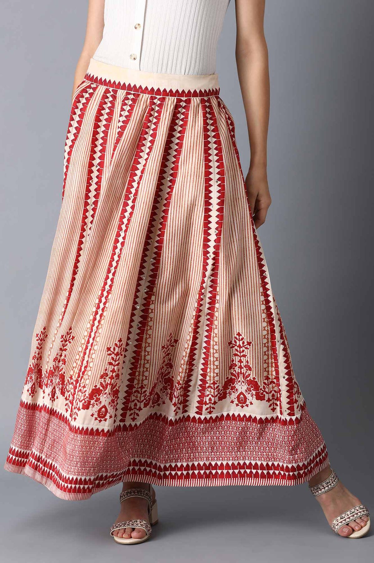 Red and Ecru Anarkali Skirt - S