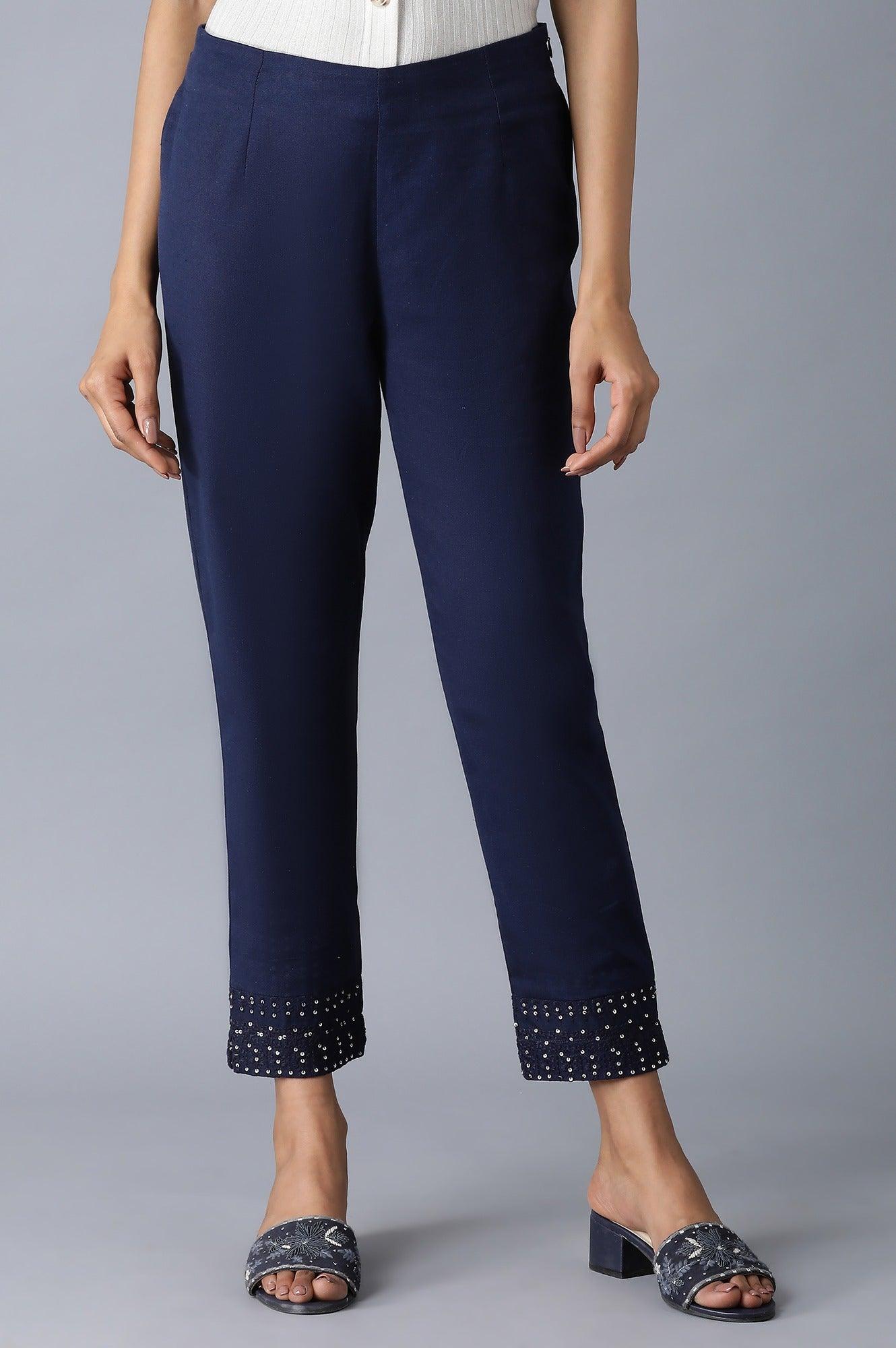 Blue Embroidered Slim Pants - wforwoman