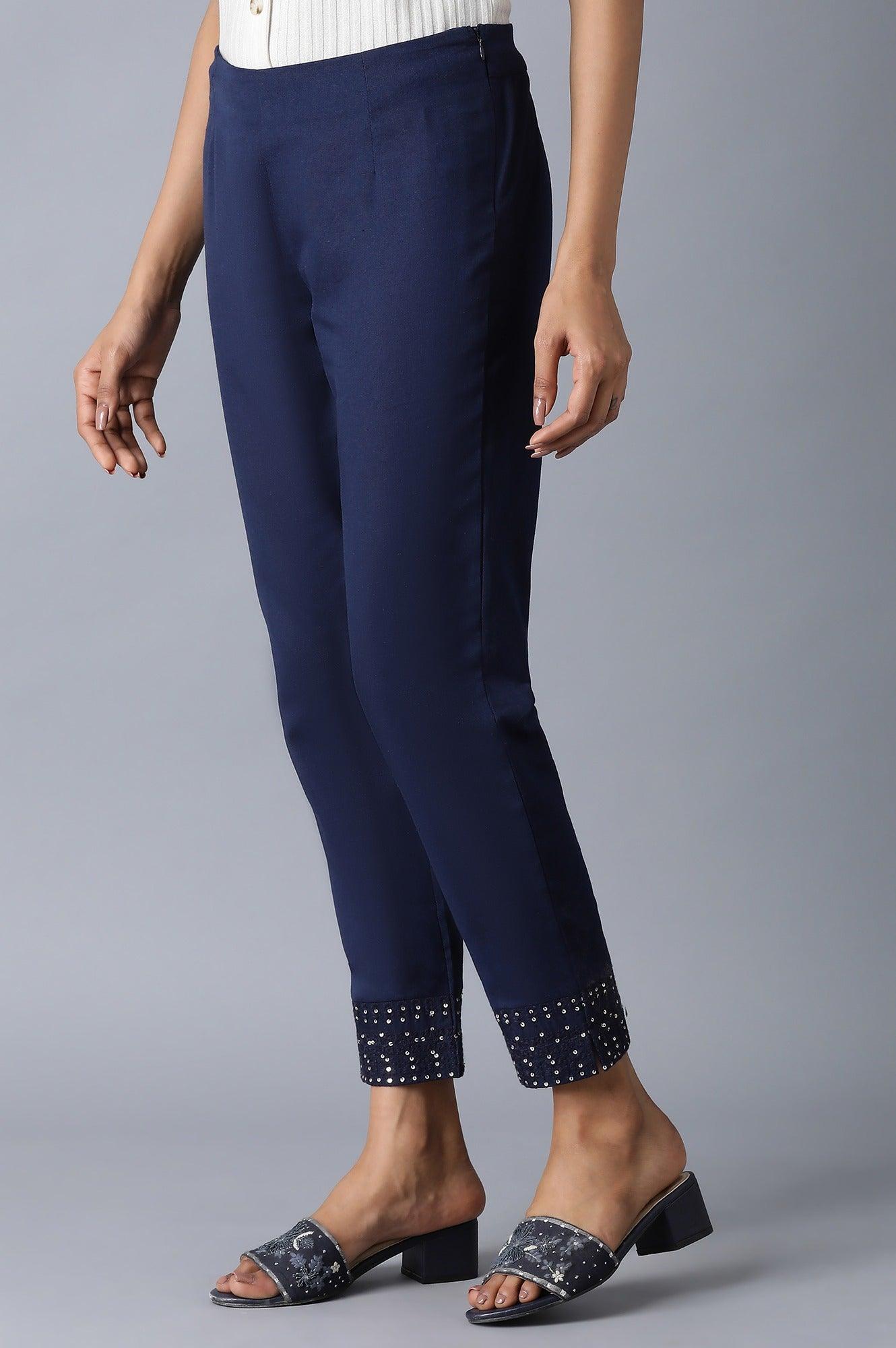 Blue Embroidered Slim Pants - wforwoman