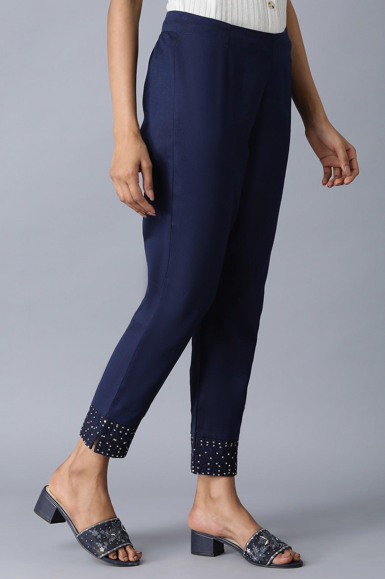 Blue Embroidered Slim Pants - wforwoman