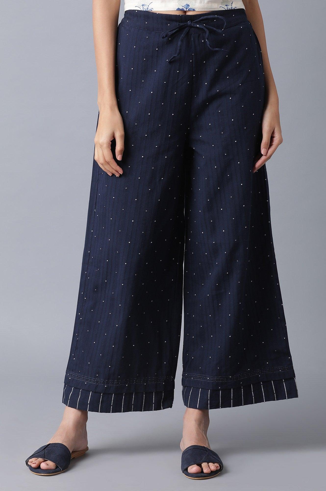 Navy Blue Yarn Dyed Polka Parallel Pants - wforwoman