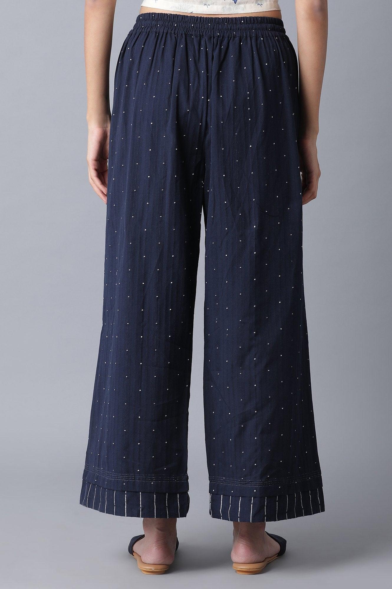 Navy Blue Yarn Dyed Polka Parallel Pants - wforwoman