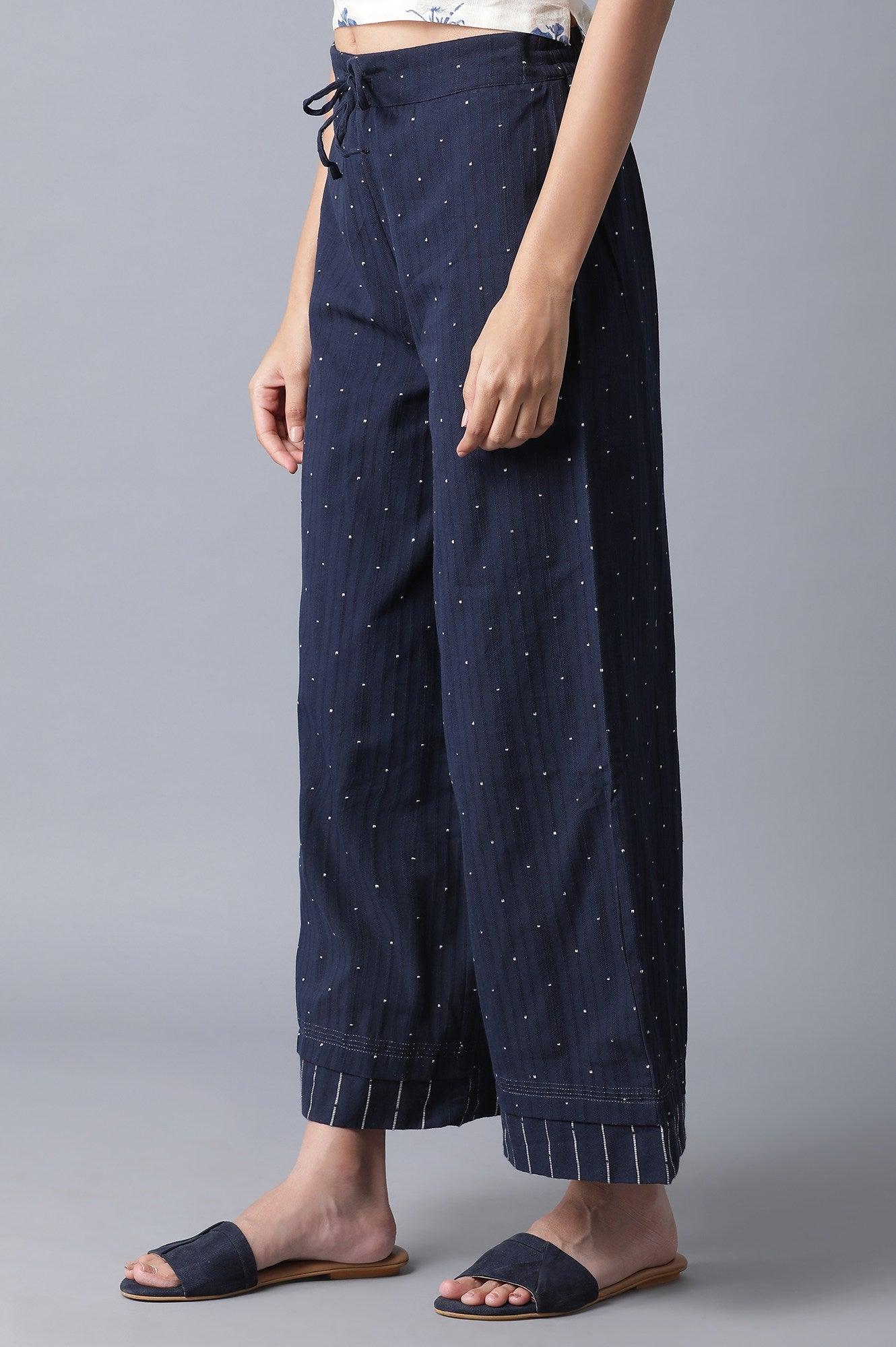 Navy Blue Yarn Dyed Polka Parallel Pants - wforwoman