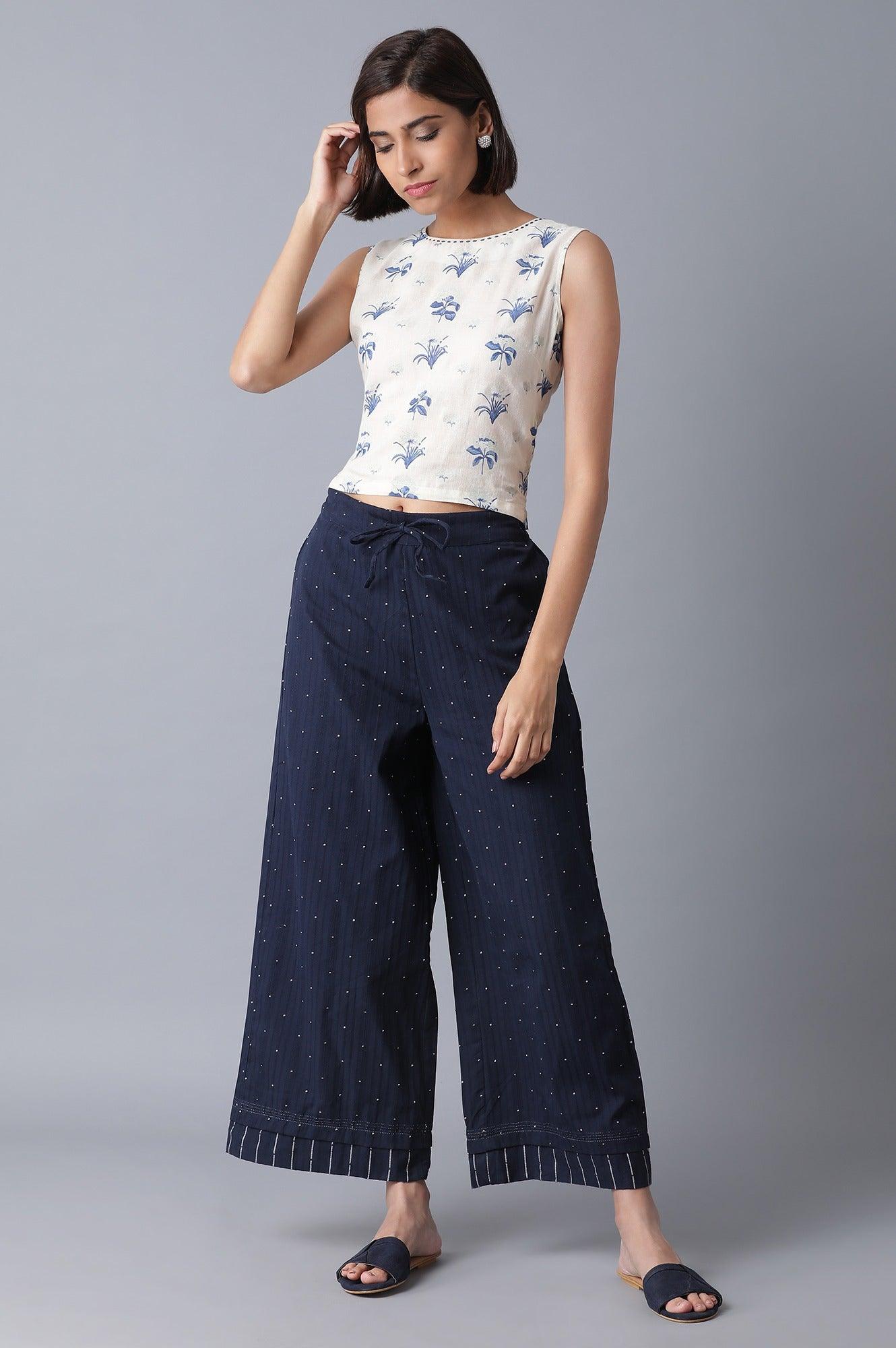 Navy Blue Yarn Dyed Polka Parallel Pants - wforwoman