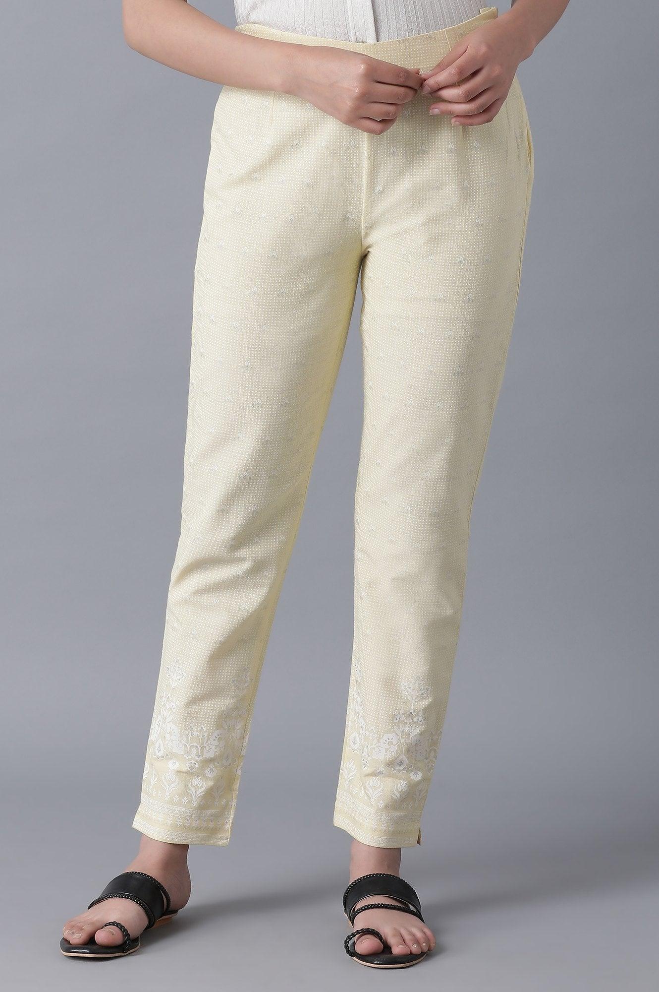 Pale Yellow Printed Slim Pants - wforwoman