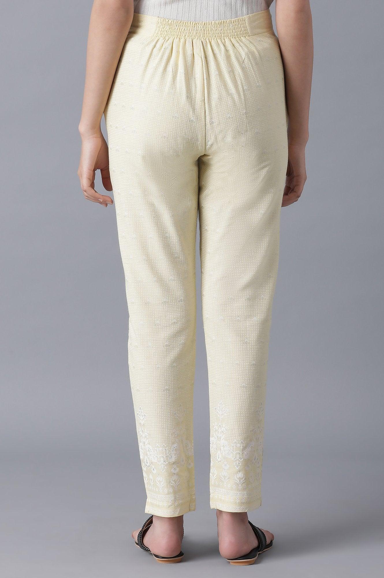 Pale Yellow Printed Slim Pants - wforwoman