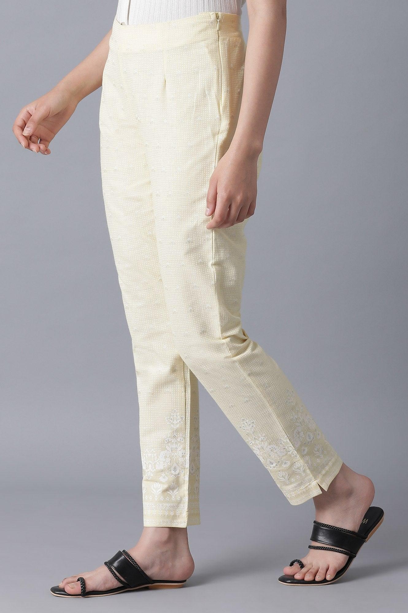 Pale Yellow Printed Slim Pants - wforwoman