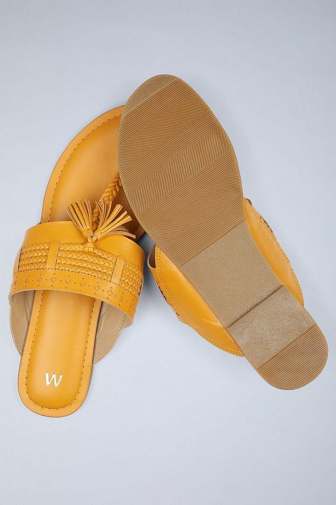 Mustard Braided Kolhapuri Flats - wforwoman