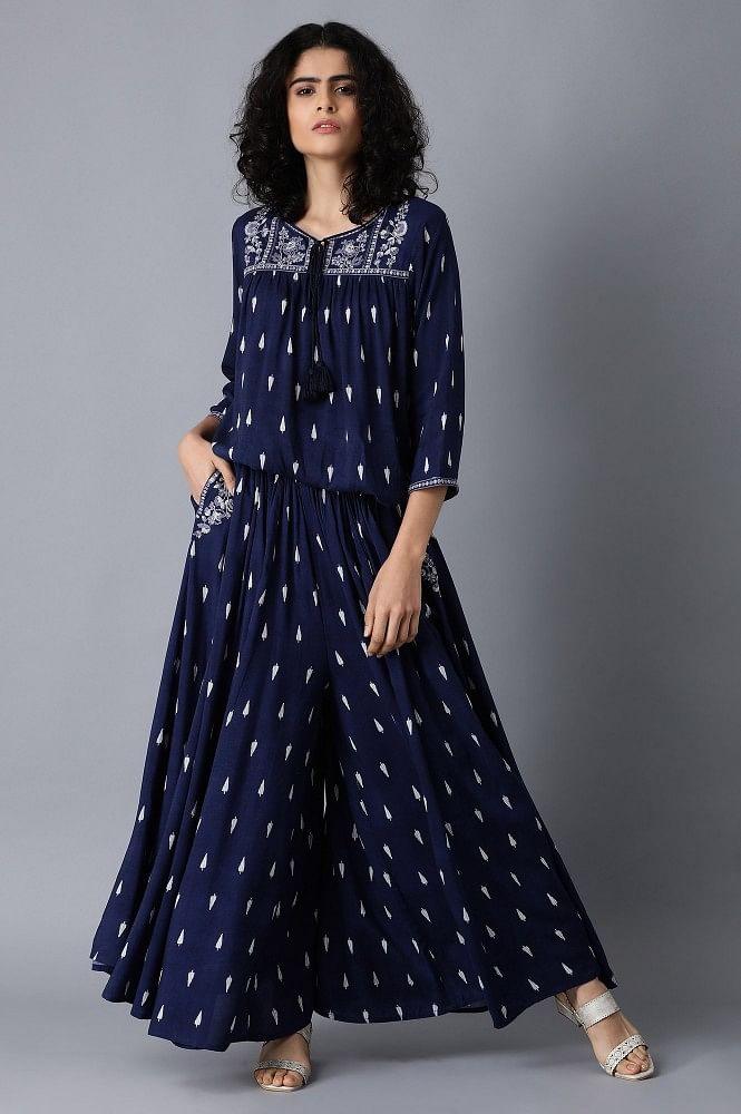 Blue Round Neck Printed Jumpsuit - wforwoman