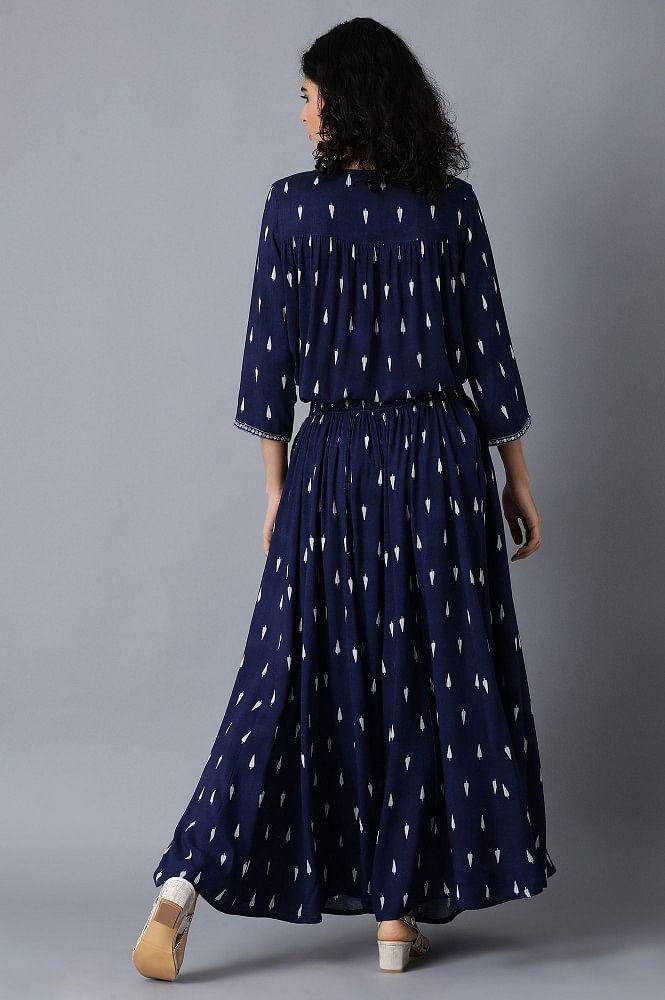 Blue Round Neck Printed Jumpsuit - wforwoman