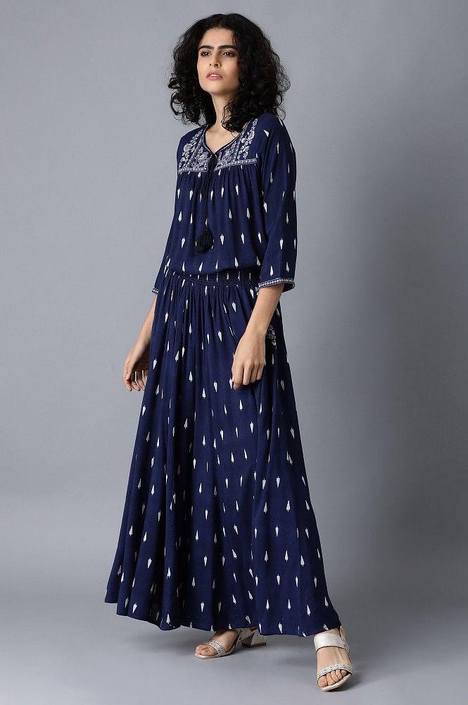 Blue Round Neck Printed Jumpsuit - wforwoman