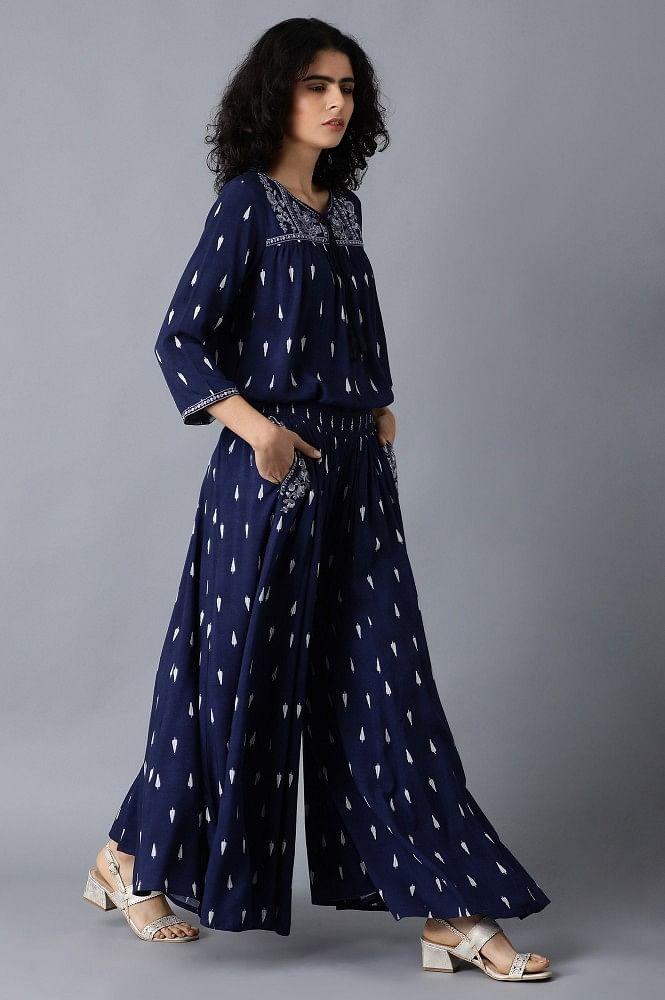 Blue Round Neck Printed Jumpsuit - wforwoman