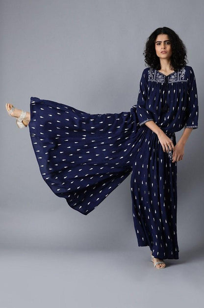 Blue Round Neck Printed Jumpsuit - wforwoman