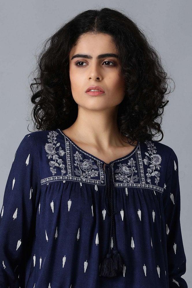 Blue Round Neck Printed Jumpsuit - wforwoman