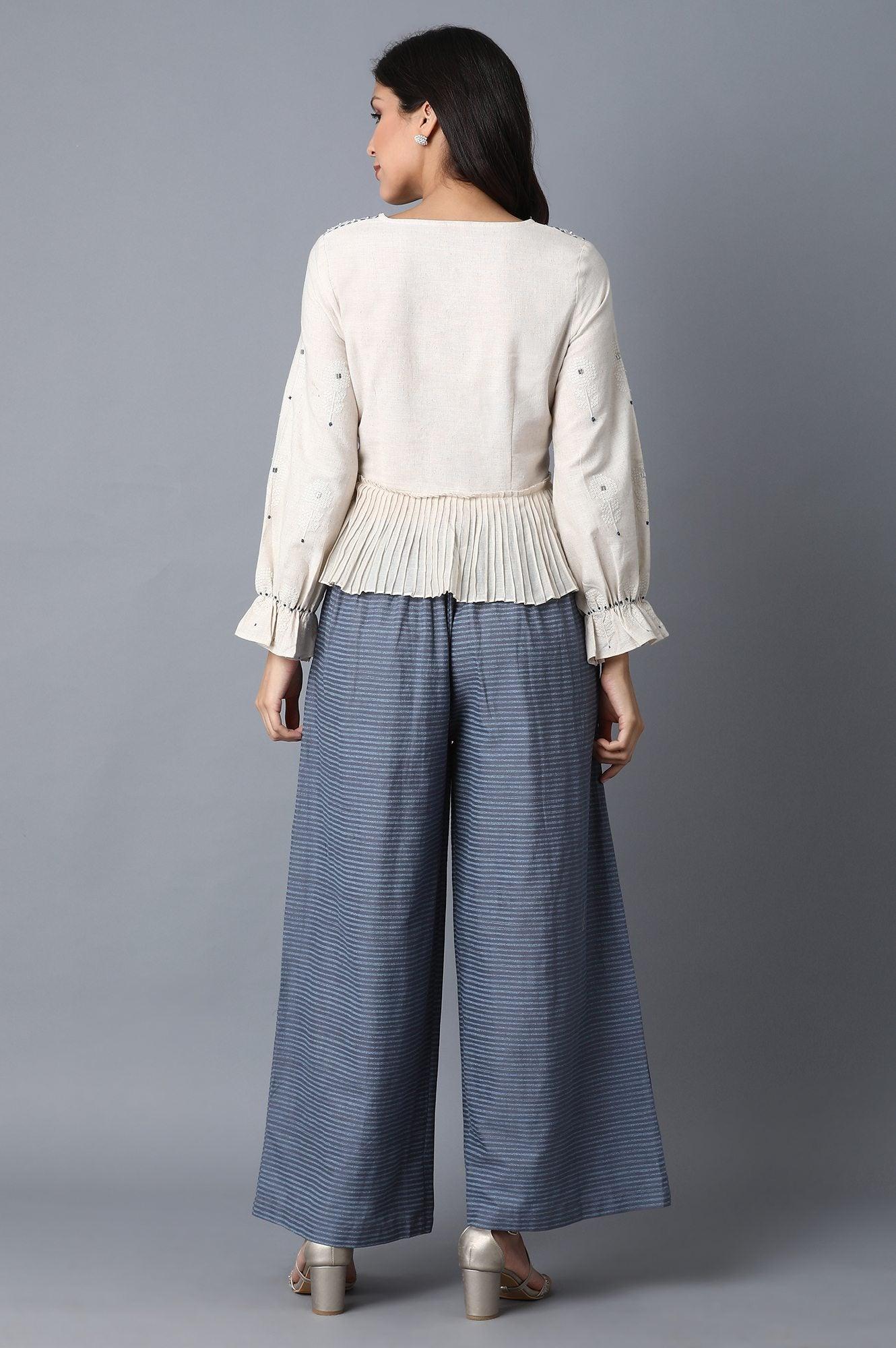 Ecru Peplum Top-Steel Blue Palazzo Set - wforwoman
