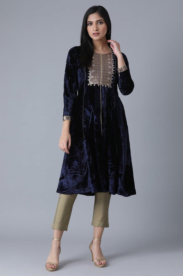 Navy Blue A-Line Velvet kurta