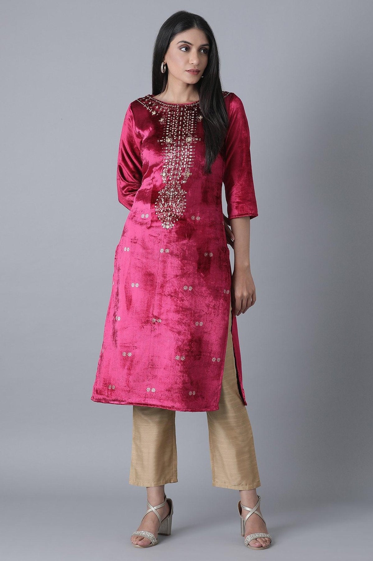 Fuchsia Printed Velvet kurta - 6