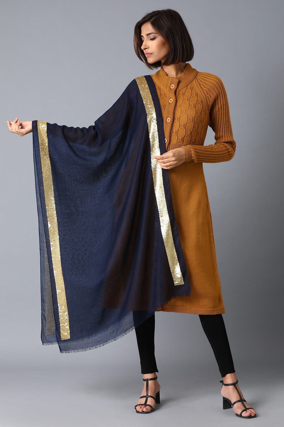 Navy Blue Sequin Border Shawl - FS
