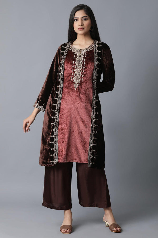Dark Brown Jacket kurta-Parallel Pant Set