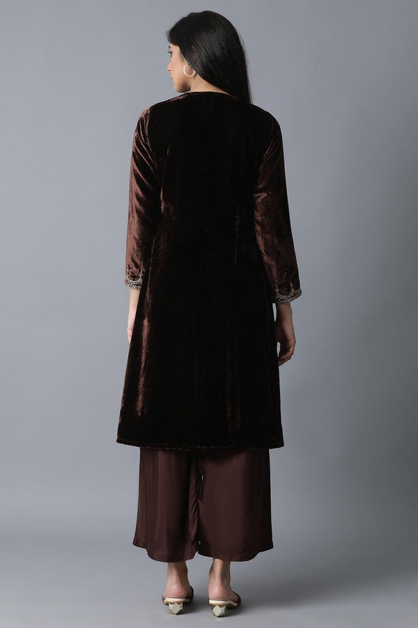 Dark Brown Jacket kurta-Parallel Pant Set