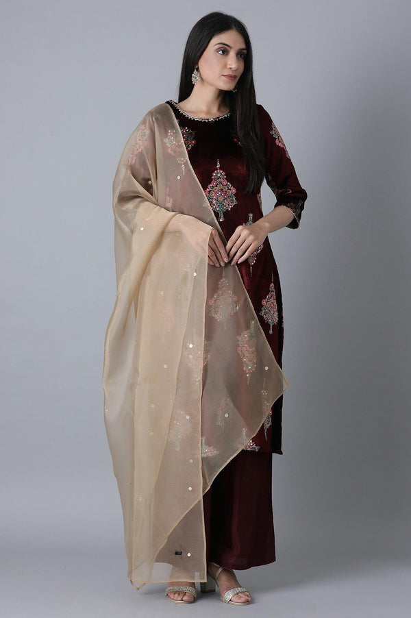 Maroon Printed kurta- Gold Parallel Pant-Duptta Set