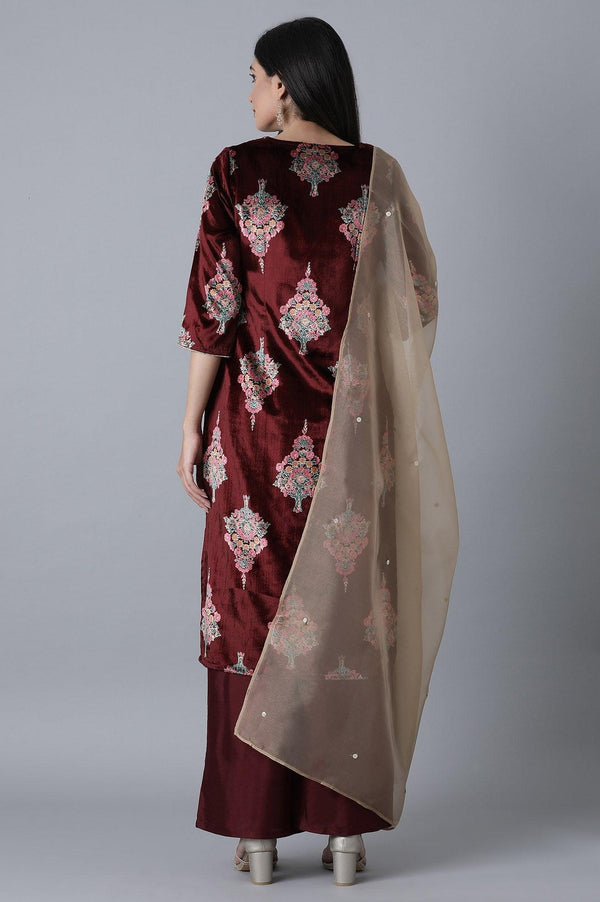 Maroon Printed kurta- Gold Parallel Pant-Duptta Set