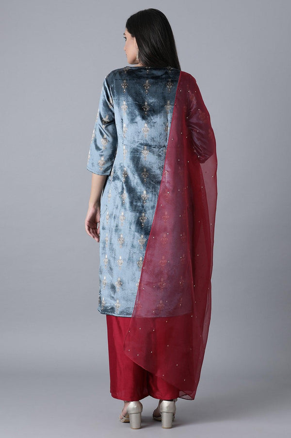 Blue Printed Velvet kurta-Parallel Pant-Dupatta Set