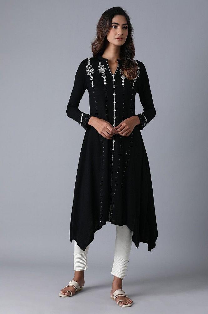 Black Mandarin Neck Winter kurta - wforwoman