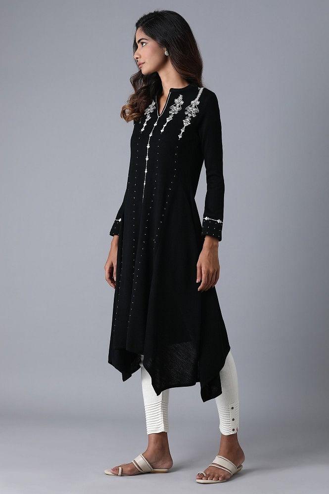 Black Mandarin Neck Winter kurta - wforwoman