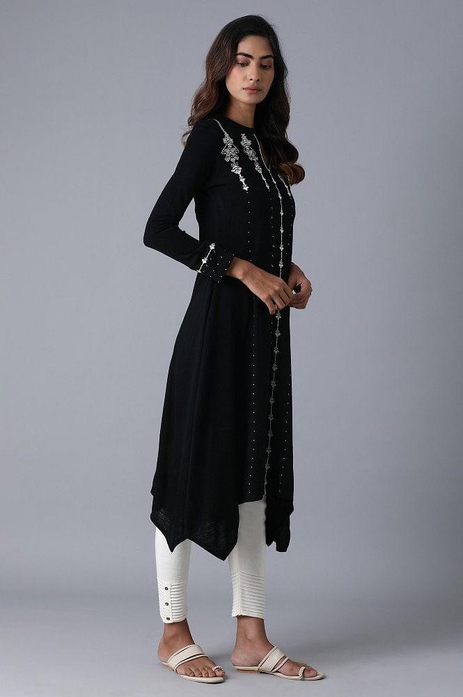 Black Mandarin Neck Winter kurta - wforwoman