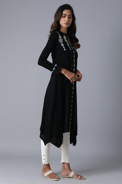 Black Mandarin Neck Winter kurta - wforwoman