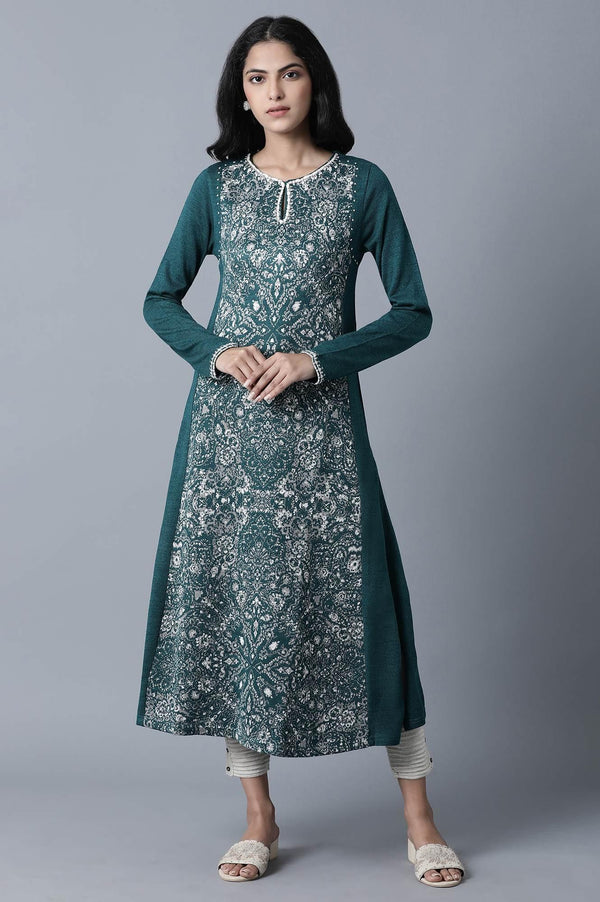 Green Floral Embroidery Winter kurta