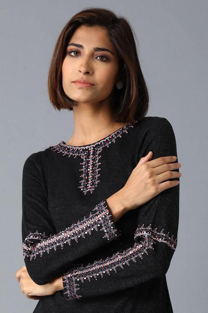 Grey Solid Winter kurta - wforwoman