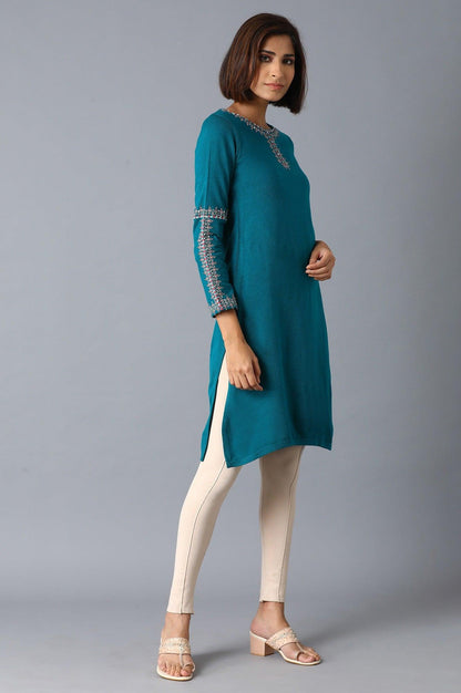 Teal Solid Winter kurta - wforwoman