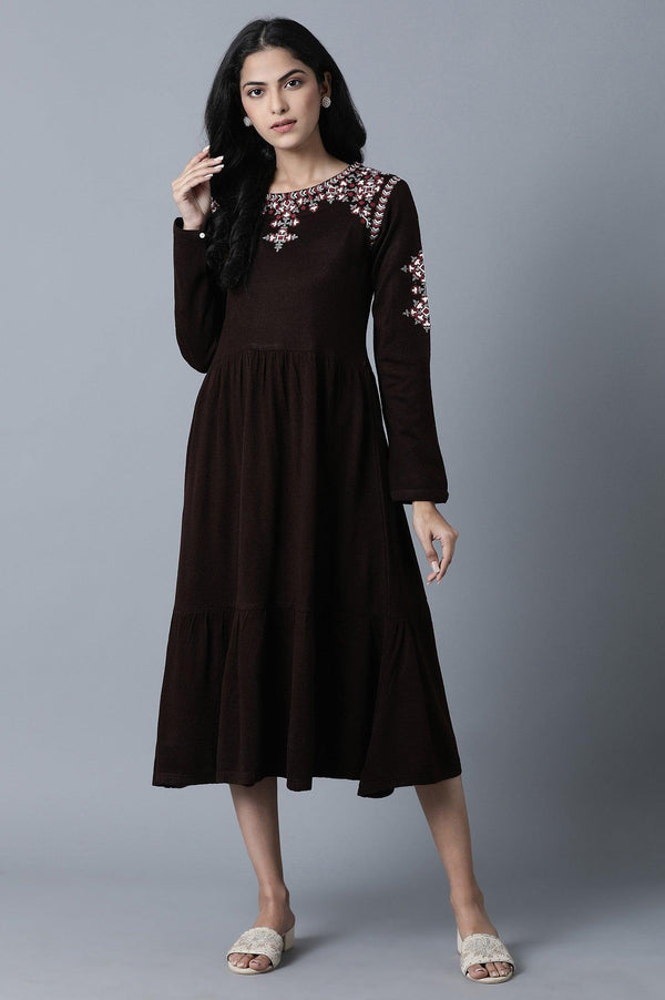 Brown Round Neck Gathered Dress